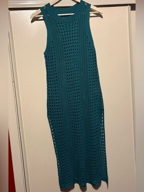 Sleeveless Teal Crochet Swim Cover-Up Maxi
